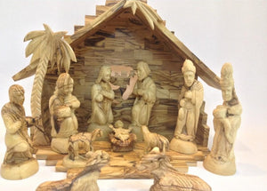 Olive Wood Nativity Set with Palm Tree